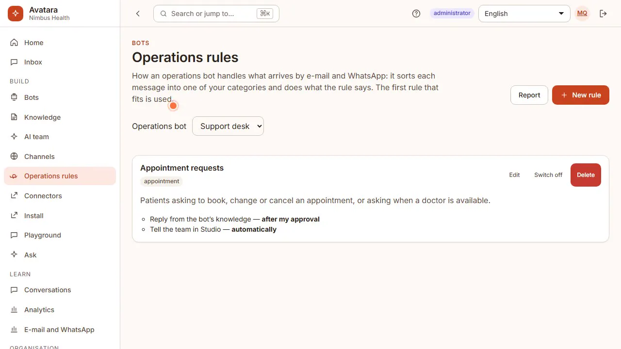 Avatara Studio: Operations rules for email and WhatsApp