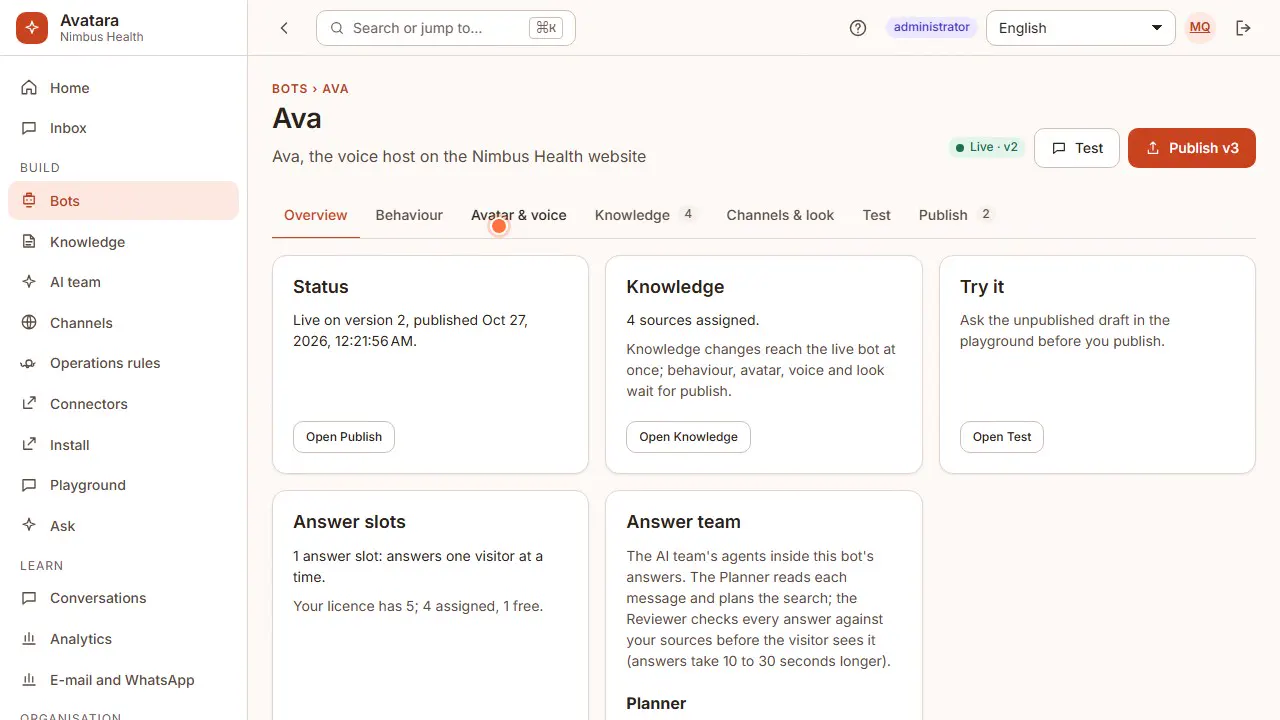Avatara Studio: Each assistant with its persona, knowledge and answer team