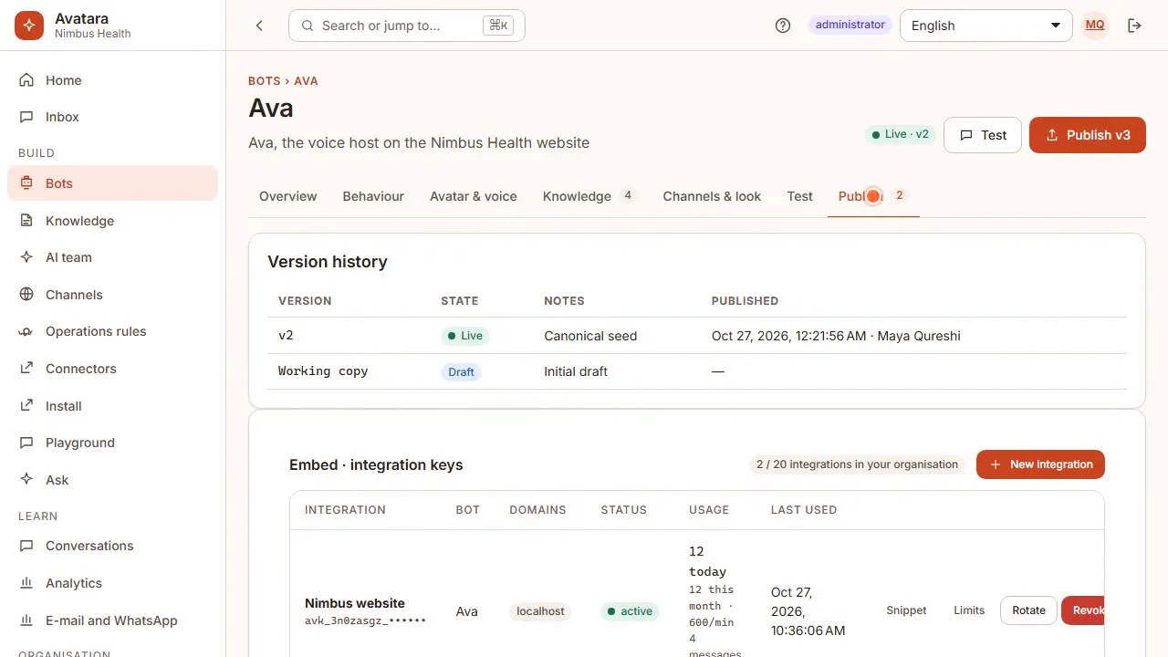 Avatara Studio: Publishing is one snippet, with version history