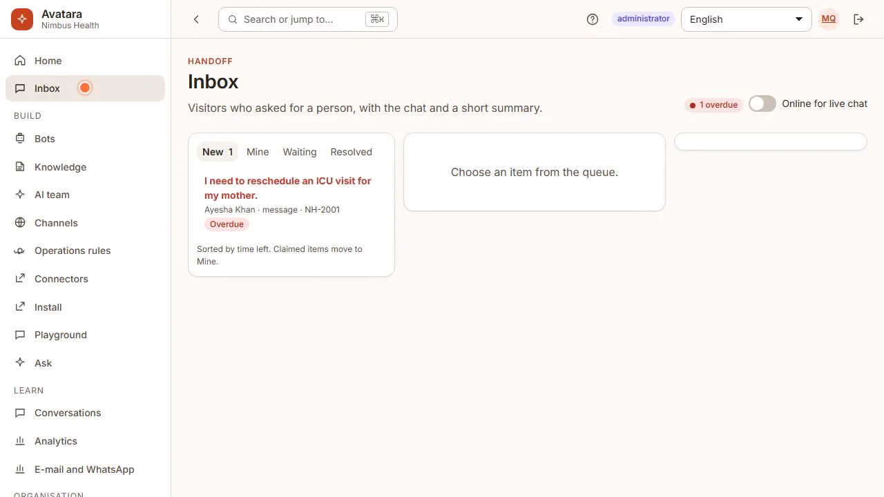 Avatara Studio: The Inbox: visitors who asked for a person