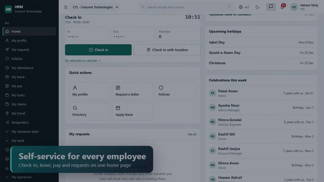 HRM: Self-service home page for every employee