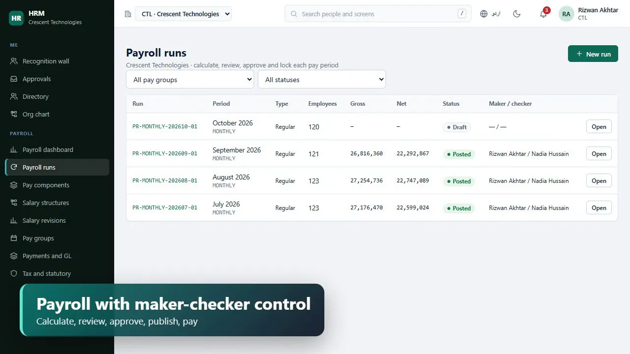 HRM: Payroll with maker-checker control