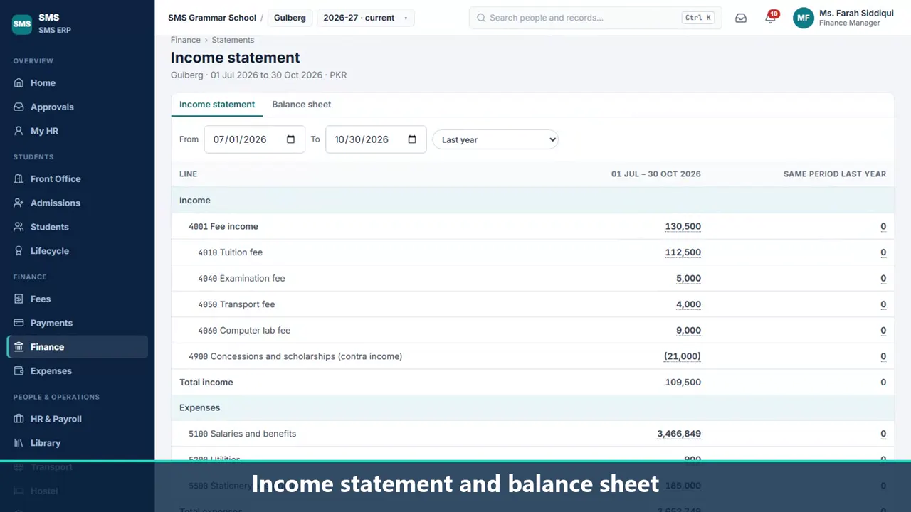 SMS: School Management System: Income statement and balance sheet