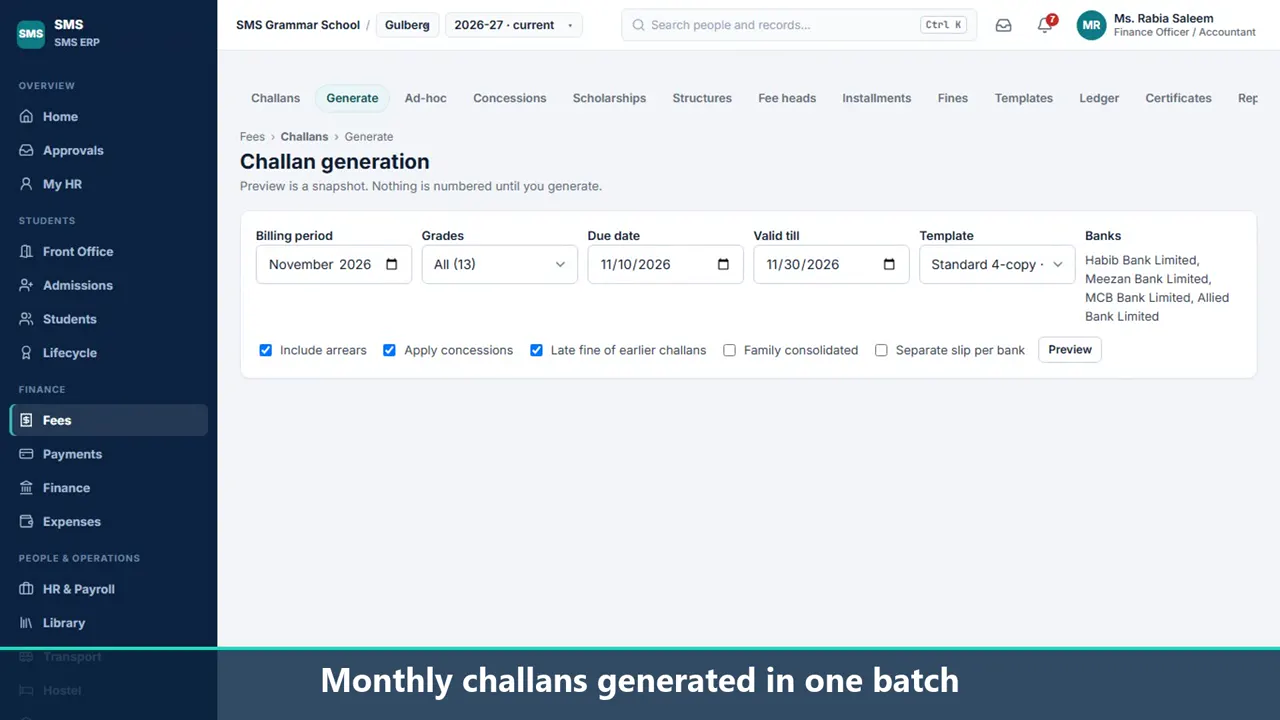 SMS: School Management System: Monthly challans generated in one batch